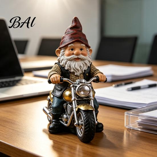 Retro Motorcycle Gnome Ornament Riding Figurine, Motorbike Dwarf Resin Statue Sculpture, for Home Office Desk Bookshelf Hand Painted Figurine