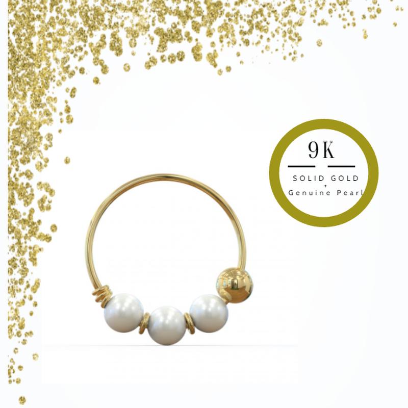 KODY PIERCING Ювелирные изделия для пирсинга из желтого золота 9 карат, кольцо в носу с натуральным жемчугом 9 карат - качественный пирсинг