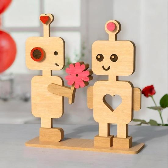 Valentine's Day Wooden Man Ornament Handmade Farmhouse Rustic Couple Robot Figurine Table Sign Home Office Desktop Decoration