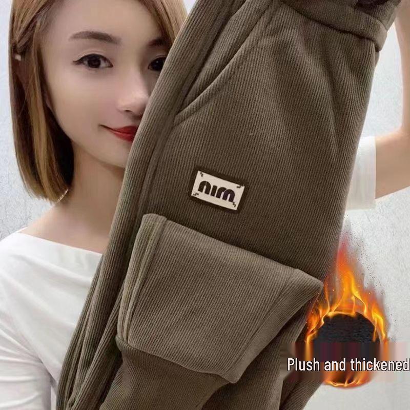 Женские плюшевые спортивные брюки из овечьей шерсти с высокой талией - Теплые, стройнящие, универсальные и утолщенные повседневные брюки-морковки для зимы
