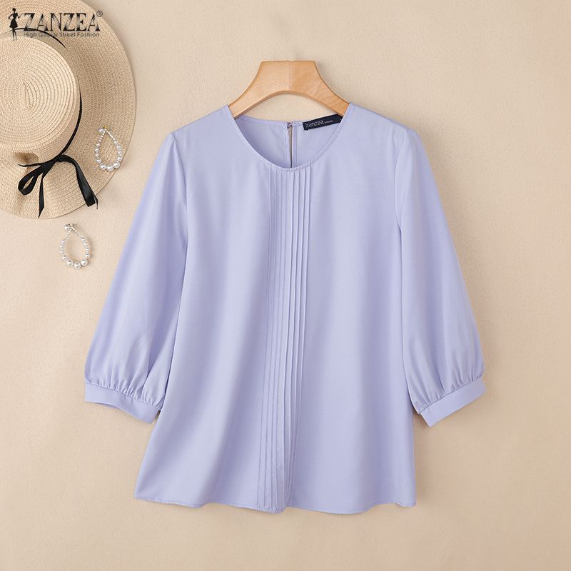 ZANZEA Женская повседневная однотонная блузка с круглым вырезом и рукавом 3/4