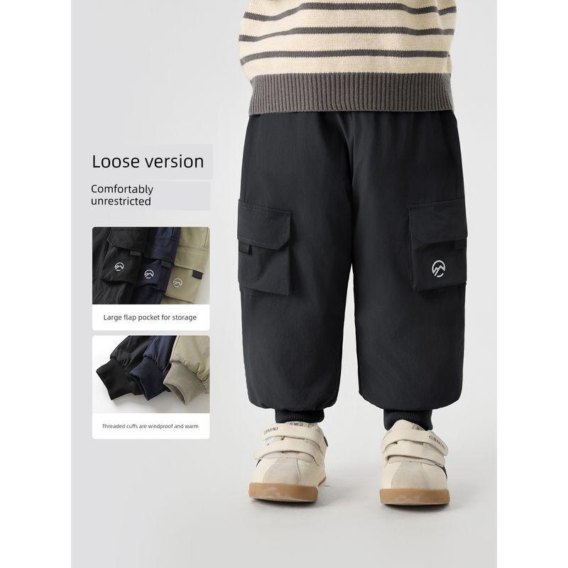 Boys' Mountain-Style Workwear Cotton Pants, Thick Woven Trousers, Winter 2025 New Children's Clothing, Baby Winter Warm Pants