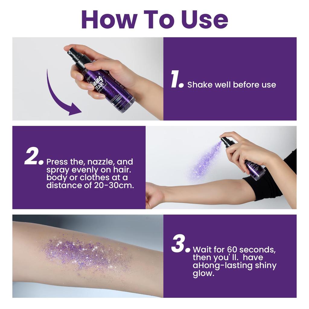 Glitter Spray For Hair And Body, Body Glitter Hairspray For Clothes, Music Festival Face Glitter For Women,Quick-Drying (100ml)