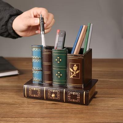 Многофункциональное настольное украшение Винтажная модель книги Деревянный держатель для ручек Настольный органайзер Ретро Деревянный держатель для ручек в форме книги Пенал
