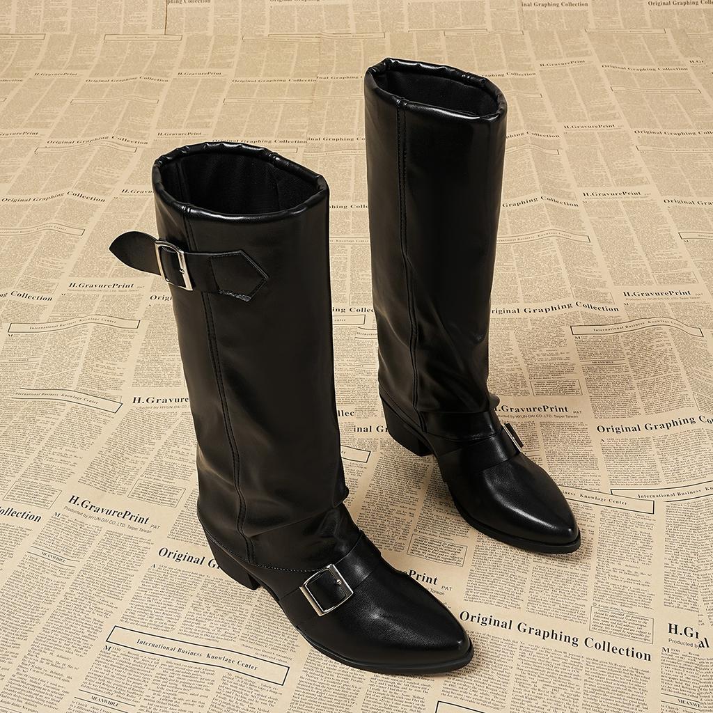 Korean Version of Retro Thick Heel But Knee Boots Women's 2025 Autumn and Winter New Outer Wear Versatile Metal Buckle Round Head Boots