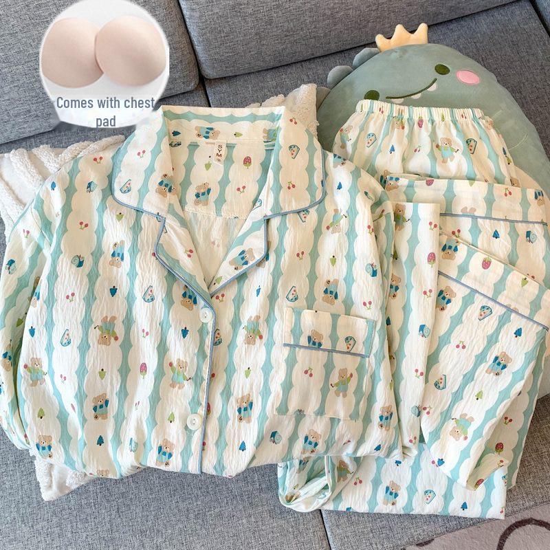 Женский пижамный комплект из хлопка в горошек: Кардиган с длинными рукавами и нагрудными накладками на весну и осень