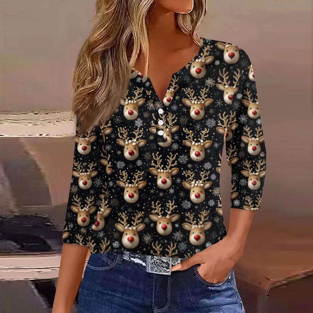 Women's Fashionable Casual Christmas Printed V-neck Three-quarter Sleeve Decorated Button Top