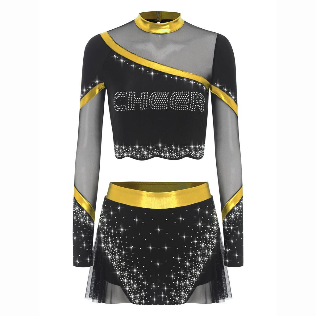 Womens Cheerleading Costume Set Long Sleeve Rhinestone Crop Top Matching Dance Skirt Performance Outfit