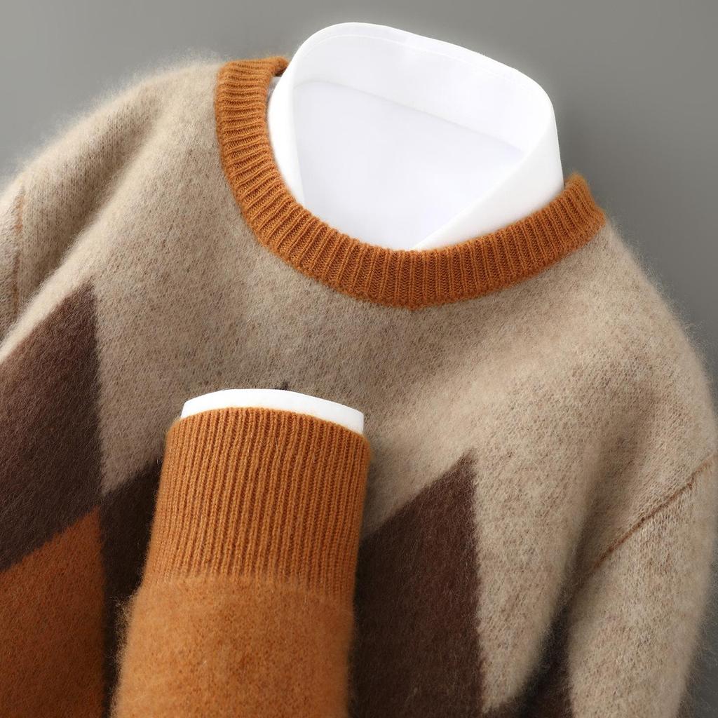 Men's Color Block Wool Sweater: Round Neck, Thick, Simple Design, 100% Pure Cashmere, Perfect for Autumn/Winter.