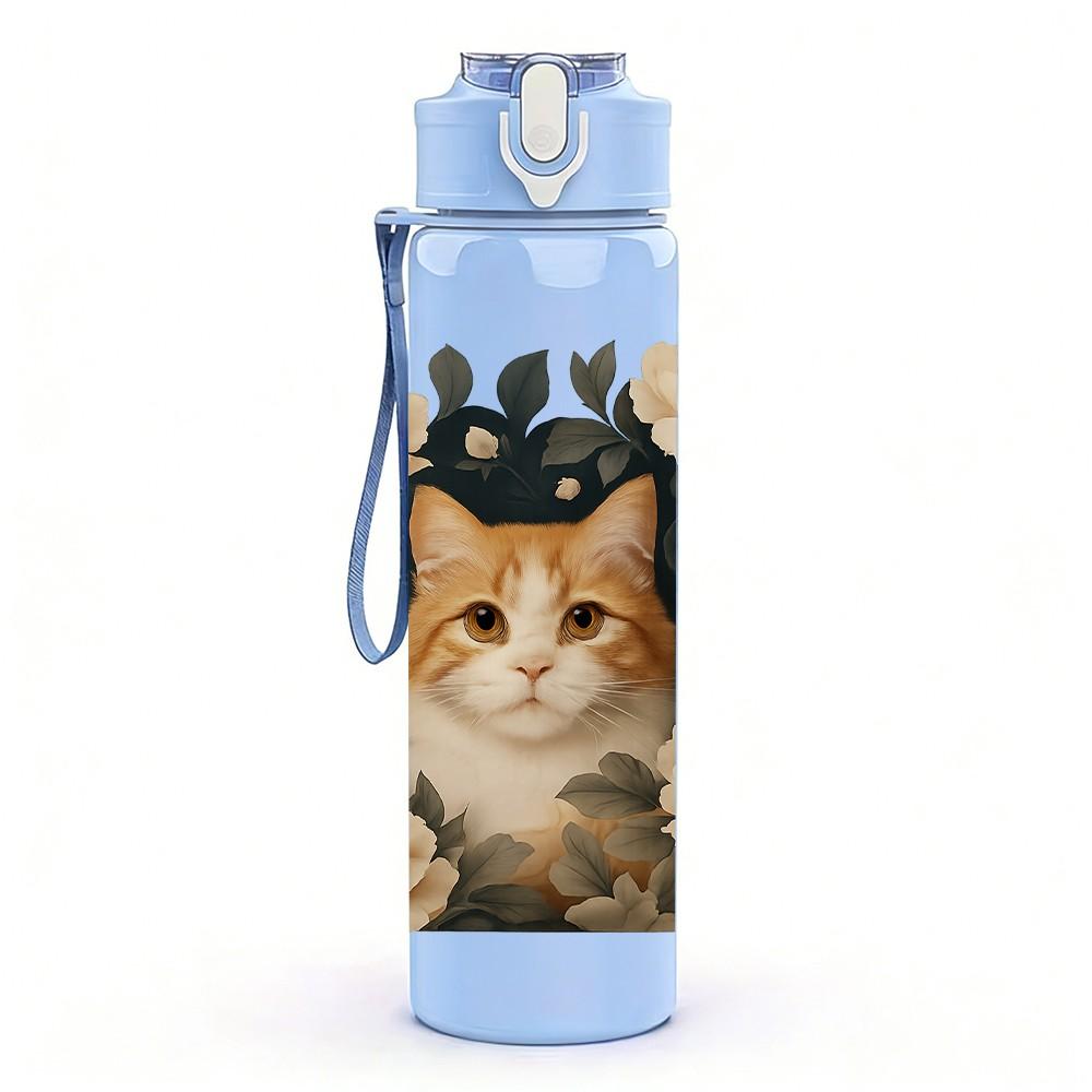 1PC Cat Surrounded By Rose Print 750ml Color Plastic Sports Water Bottle Leakproof Flip Straw Lid Suitable for Sports Office Home Use
