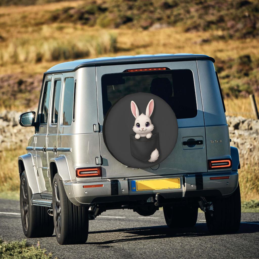 2D Flat 1pc Pocket White Rabbit Car Tire Cover 35.56/38.1/40.64/43.18 Cm, Spare Tire Cover, Essential For Camping Off-Road Outdo