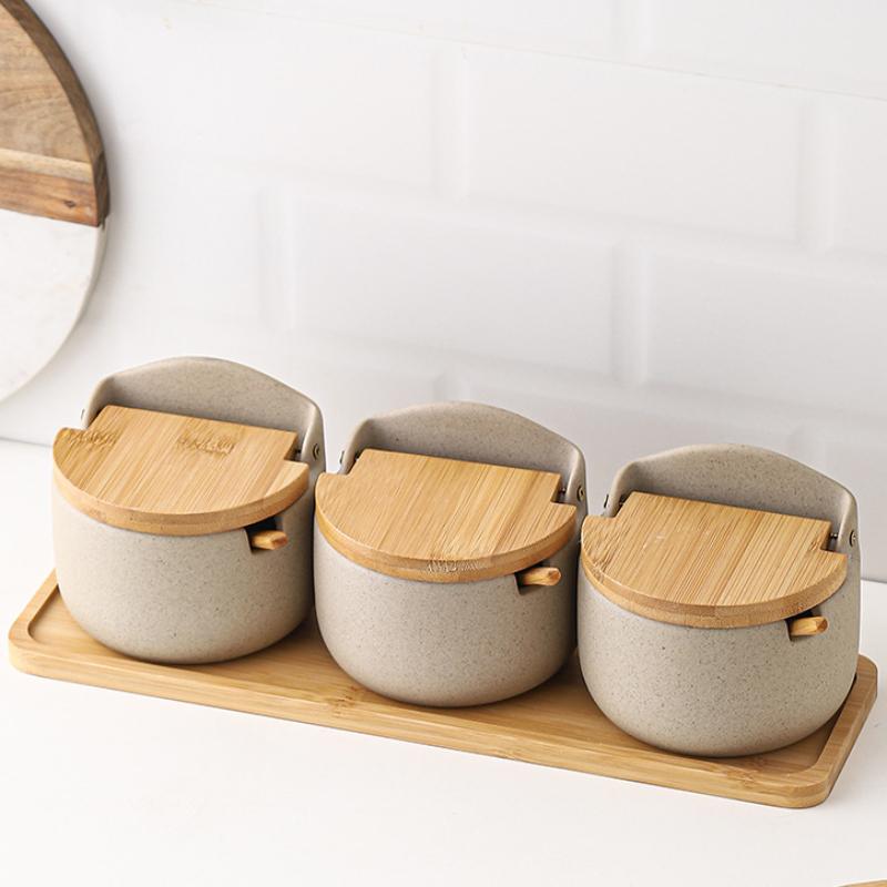 Beige Ceramic Seasoning Jar with Bamboo Lid Kitchen Spice Container Household Salt and Sugar Bowl Set Seasoning Storage Box