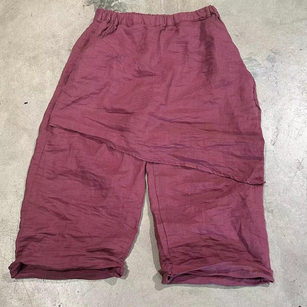 Johnature Women Vintage Patchwork Wide Leg Pants Elastic Waist Summer Trousers Ramie High Quality Solid Color Pants