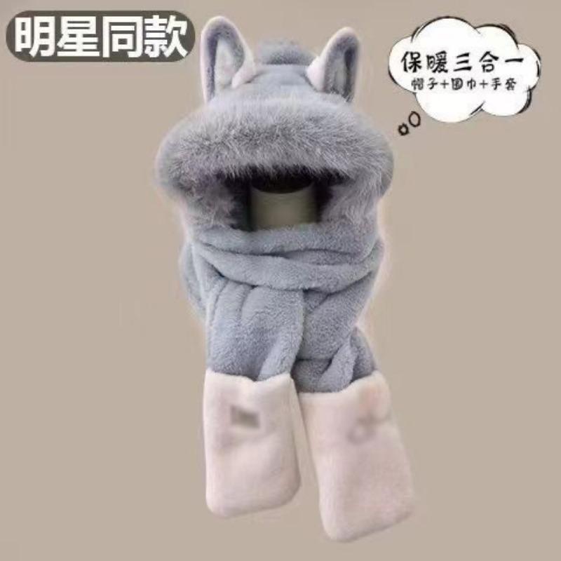 Winter New Fire Fox Plush Hat Scarf Women's Gloves Integrated Three-piece Set Student Warm Thickened Hat