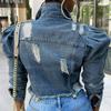 Fashion Women's Solid Button Wear Out Long Puff Sleeve Denim Jacket Coat