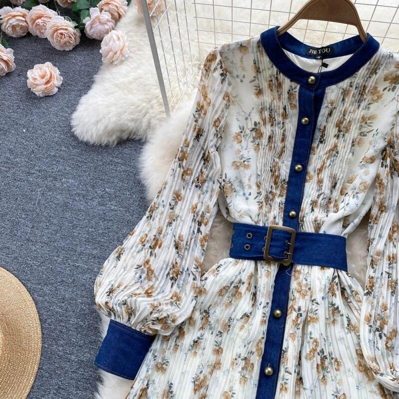 Autumn Lace Vintage Fairy Dress Women Patchwork Elegant Party Midi Dress Female Bow Korean Fashion One Piece Floral Dress 2024