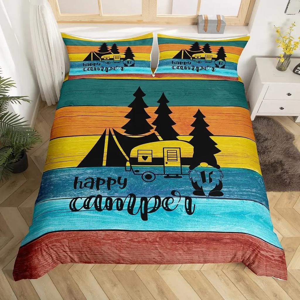 Rustic Farmhouse Style Duvet Cover Set 2/3 Pcs Old Barn Door Comforter Cover Happy Camper Print Black Sketch Drawing Quilt Cover