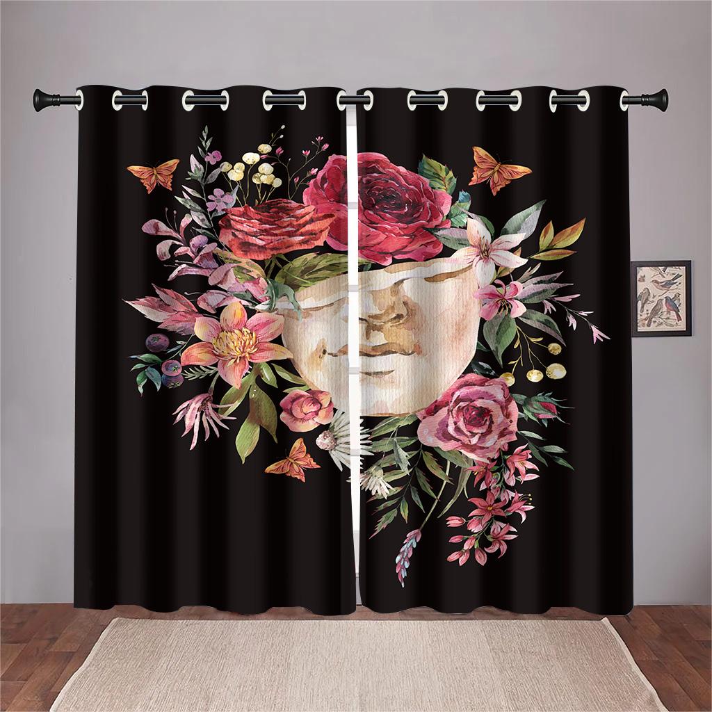Personality 3D Printed Ebony Mystery Skull Rose Drapes 2 Panel Livingroom Space Bedchamber Balcony Study Decorative Drapes