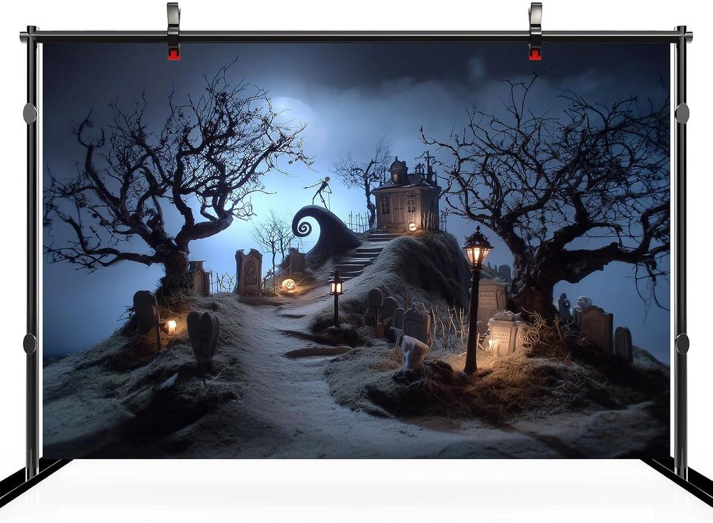 7x5ft Halloween Town Graveyard Backdrop Christmas Nightmare Tombstone Twisted Bare Trees Ghost Street Lamp Background Ha