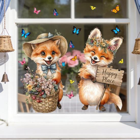 Spring Fox Window Clings Cartoon Fox Flowers Butterflies Glass Sticker Removable Cute Animal Window Decals for Home Office Shop