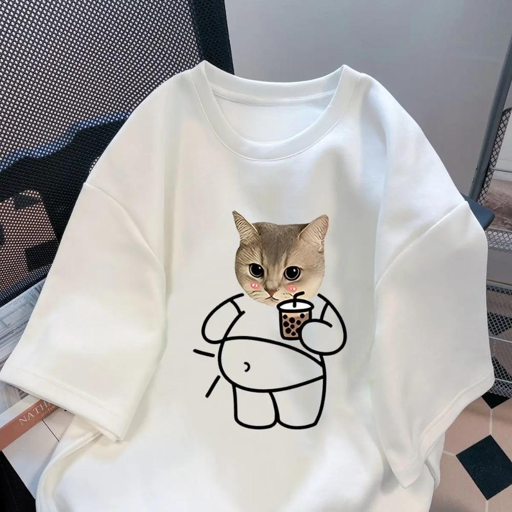 2026 New Summer Cute Kitten Print Short-sleeved T-shirt Clothes Ins Korean Version Versatile Trendy Top for Women