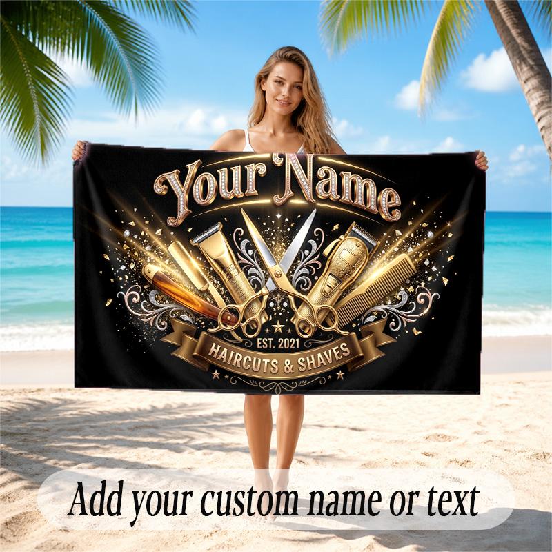 Barber Salon Theme Quick Dry Beach Towel Custom Name Text Print Large Sand Resistant Towel Beach Vacation