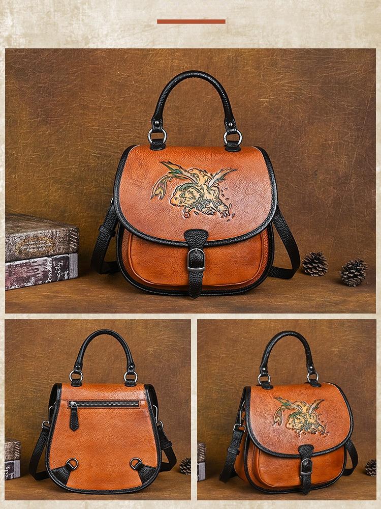 Johnature Retro Genuine Leather Women Bag Three Purpose Small Backpack Versatile Embossed Cowhide Shoulder & Crossbody Bags