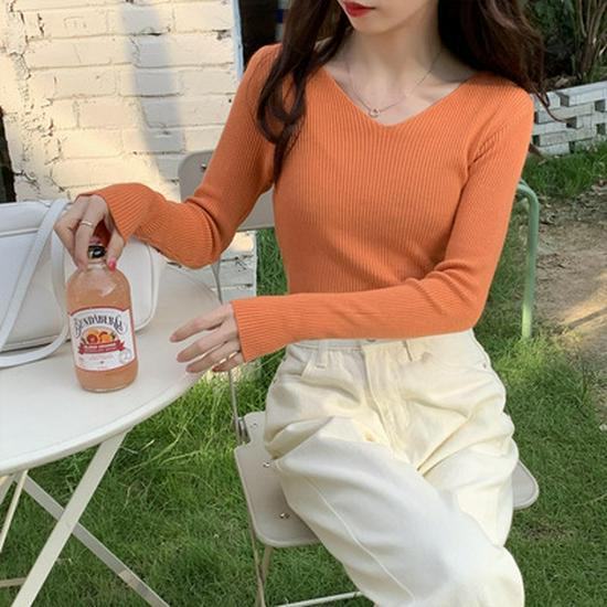 Женский облегающий трикотажный свитер с V-образным вырезом: Модный, с длинными рукавами, теплый для осени и зимы