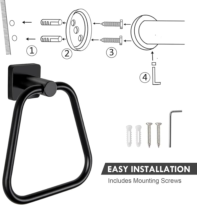 Stylish Wall Mounted Towel Ring - Stainless Steel Hand Towel Holder for Bathroom & Lavatory - Sleek Matte Black Finish