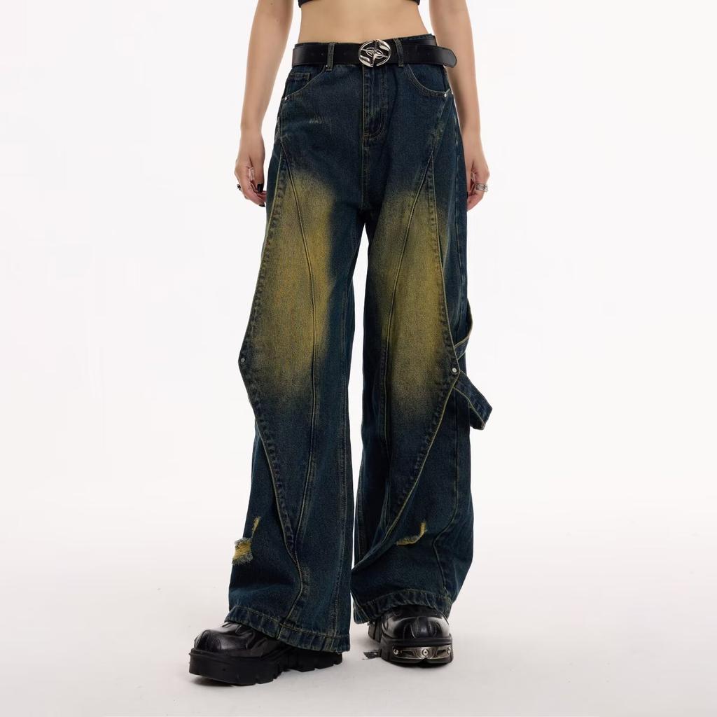 Американские винтажные прямые джинсы с высокой талией, женские черные брюки, повседневные мешковатые брюки Y2K, широкие брюки в стиле гранж, джинсовые брюки в уличном стиле