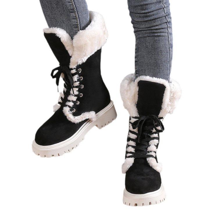 Women's Chunky Heel Platform Snow Boots Winter Warm Faux Fur Lined Slip On Mid-Calf Boots for Women Fleece Lined Faux Suede Lace-Up Round Toe Booties