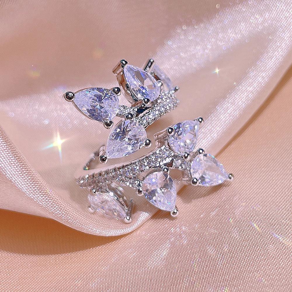 Super Flash Zircon Leaf Open Diamond Ring Design Sense Korean Light Luxury Trendy Ring