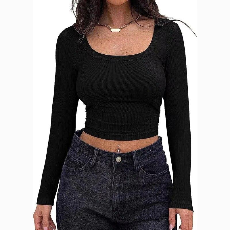 2024 Fashion Slim Fit Sexy Short T Shirt Women Long Sleeve Square Neck Woman T-shirt Solid Elegant Office Lady Crop Tees 30519