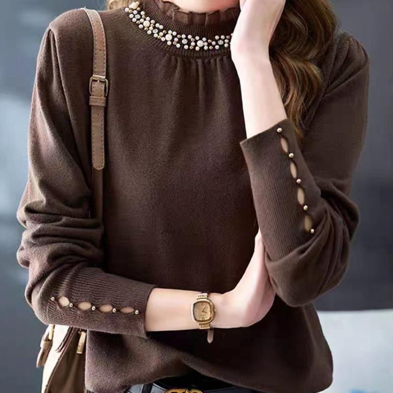 Осенне-зимний вязаный свитер женский корейский вариант бисерный кружевной воротник дизайн чувство длинный рукав темперамент свитер женский внутренний слой базовая рубашка