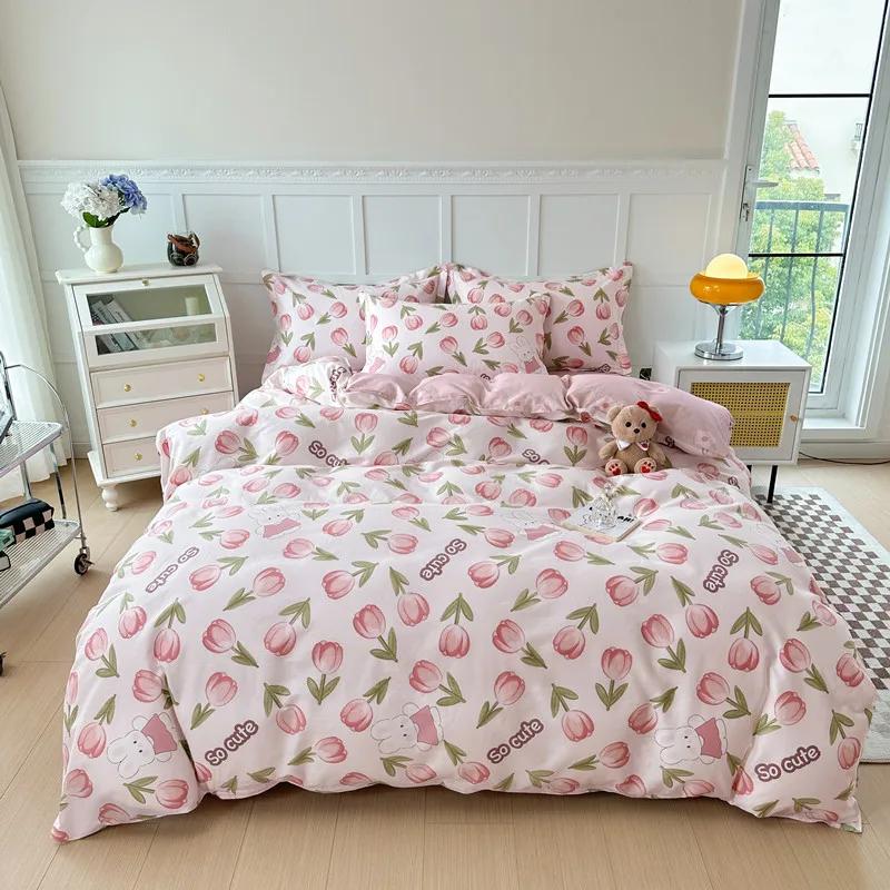 Цветочный пододеяльник в садовом стиле, 100% хлопок, бохо-эстетика, зеленый, с рисунком из разноцветных цветов, 3 предмета