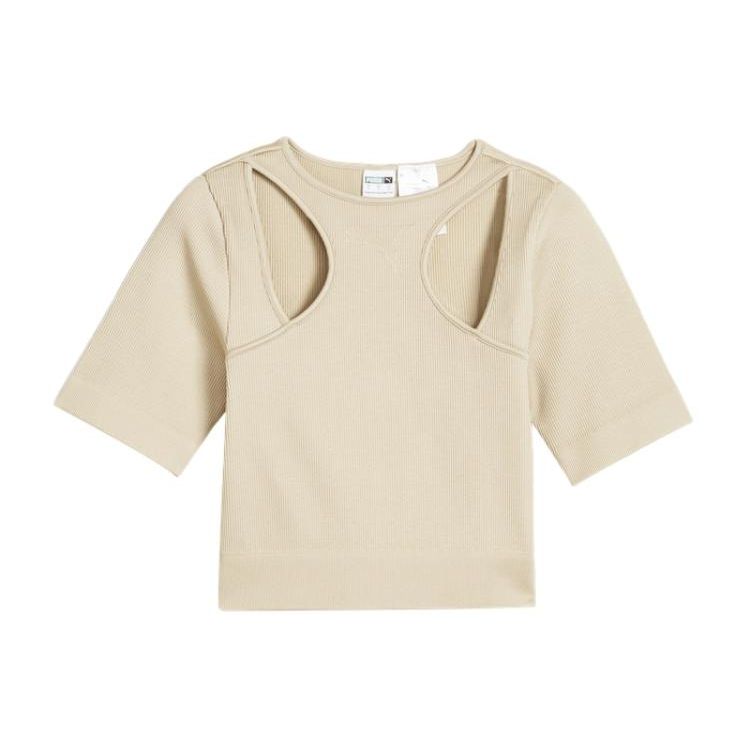 Puma Dare To Muted Motion Tee, ребристая, открытая, облегающая, с круглым вырезом, коротким рукавом, женские топы, цвет не совсем белый 627875-90