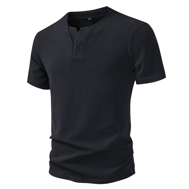 Men's Summer Solid Color Hip Hop V Neck T-Shirt Casual Henry Button Short Sleeve Fashion Streetwear Basic Top Tees