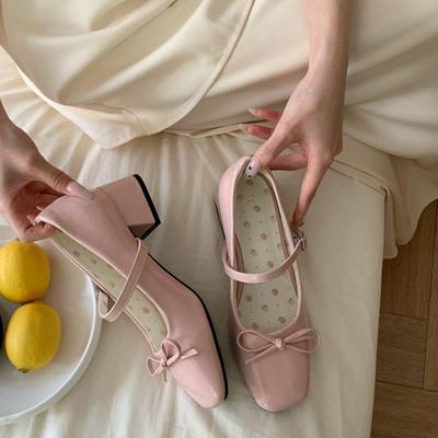 2025 Новые французские туфли Мэри Джейн с низким вырезом и бантом, кожаные каблуки - элегантный весенний стиль