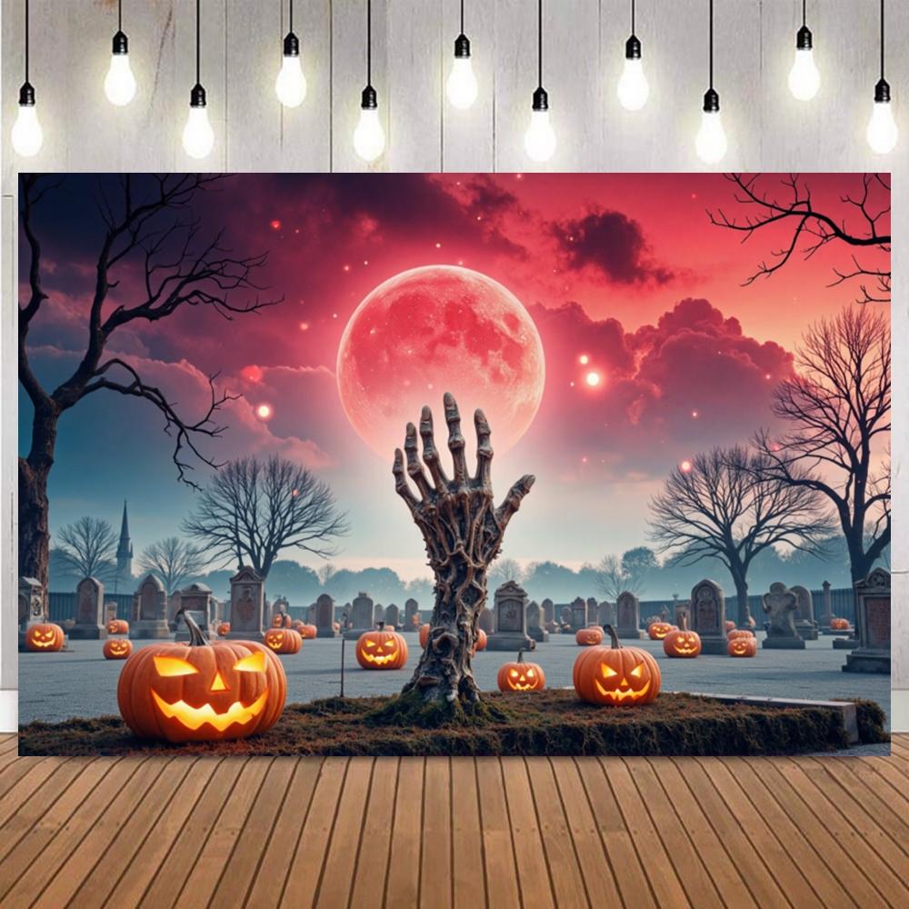 Horror Halloween Blood Moon Zombie Hand Theme Party Photography Background Skeleton Tombstone Pumpkin Lantern Photo Backdrop5