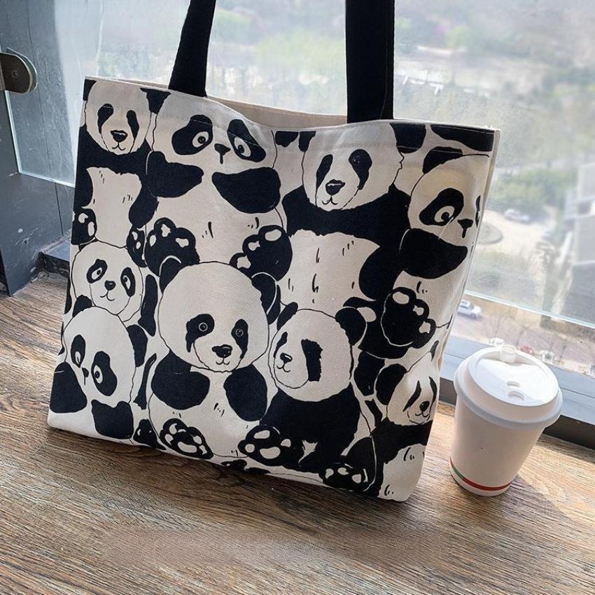 Canvas Bag Women's Shoulder Chinese Style High Capacity Zipper Canvas Bag Portable Shopping Bag Double Cute Panda Sided Printing