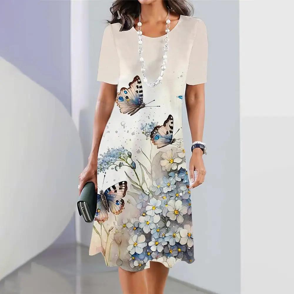 Платья для женщин больших размеров с принтом в виде 3D-бабочки и цветов Элегантная одежда с короткими рукавами Платье А-силуэта в стиле ретро Цветная одежда