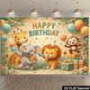 2D Flat Banner, Jungle Animal Birthday Backdrop, Giraffe, Elephant, Lion, Monkey, Colorful Balloons, Gift Boxes, Greenery, Polyester