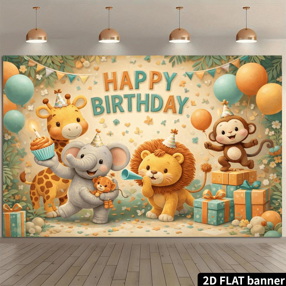 2D Flat Banner, Jungle Animal Birthday Backdrop, Giraffe, Elephant, Lion, Monkey, Colorful Balloons, Gift Boxes, Greenery, Polyester