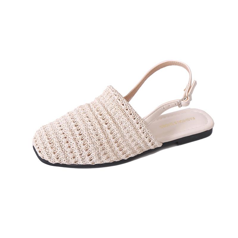 Соломенная плетеная сумка на толстом каблуке и с неглубоким вырезом, сандалии с открытой пяткой, женская обувь, весна-лето 2025, новые сандалии на плоской подошве с одним ремешком