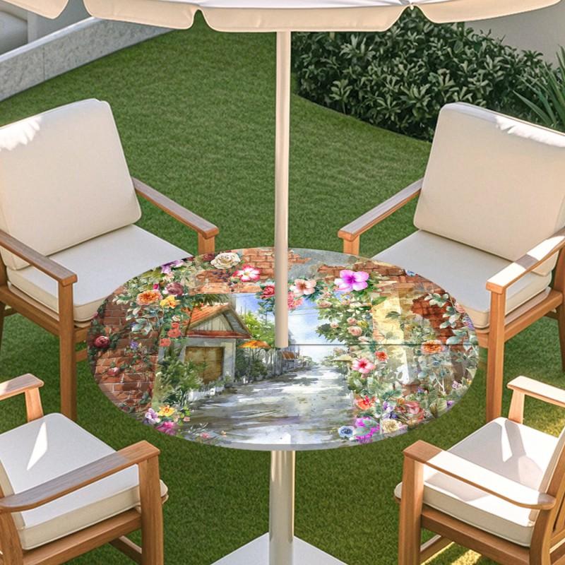 Outdoor Round Table Cover With Floral Print Oil Painting Style Waterproof Elastic Edge Patio Garden