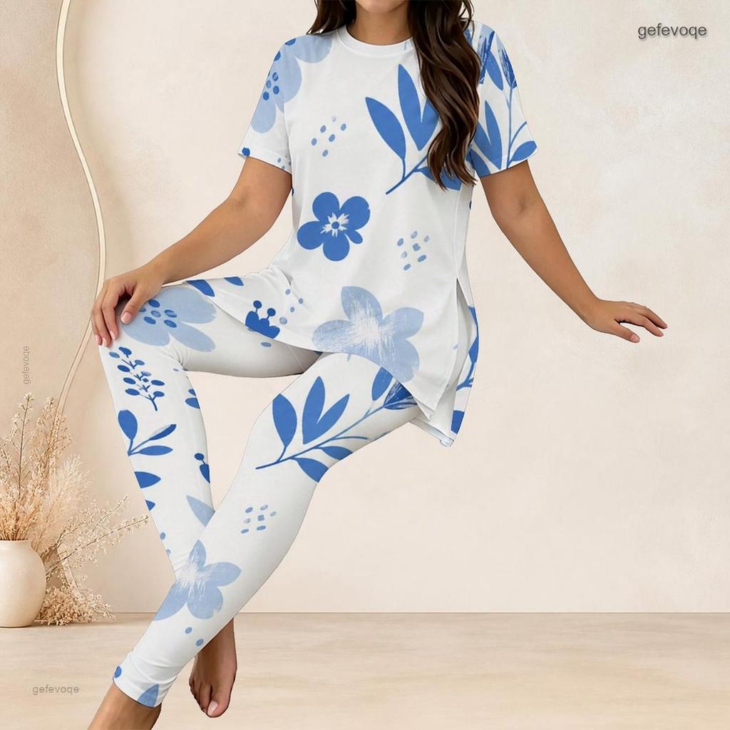 Women Plus Size Two Piece Set Round Neck Short Sleeve Floral Printed Longline Top Fitted Pants
