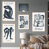 Abstract Boho Matisse Picasso Sun Moon Poster Dark Blue Wall Art Print Canvas Painting Gallery Wall Pictures Living Room Decor