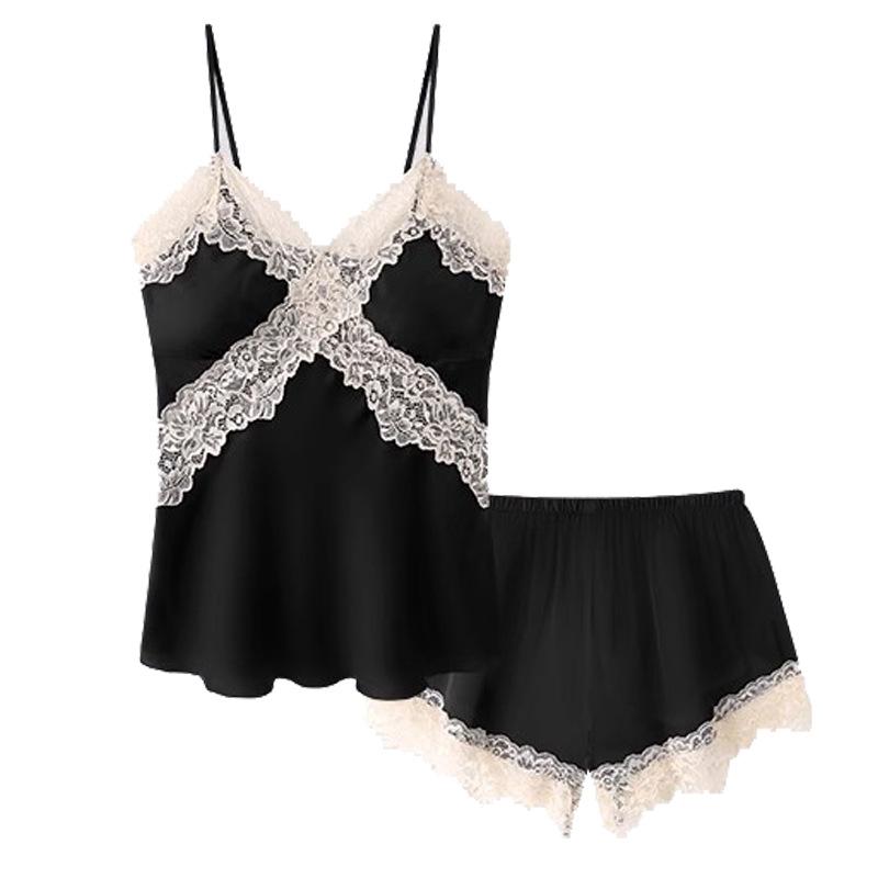 Lace Patchwork Sexy Sling Pajamas Set Summer Ice Silk Stylish Lightweight Pyjamas with Corset Pads Breathable Soft Comfortable Sleepwear Set