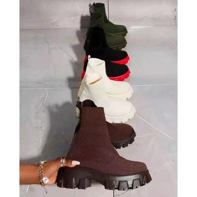 Женские ботинки Осень и Зима Толстая подошва Вязаные короткие ботинки Средний каблук Полусапоги Рукав Большой размер Носки Ботинки