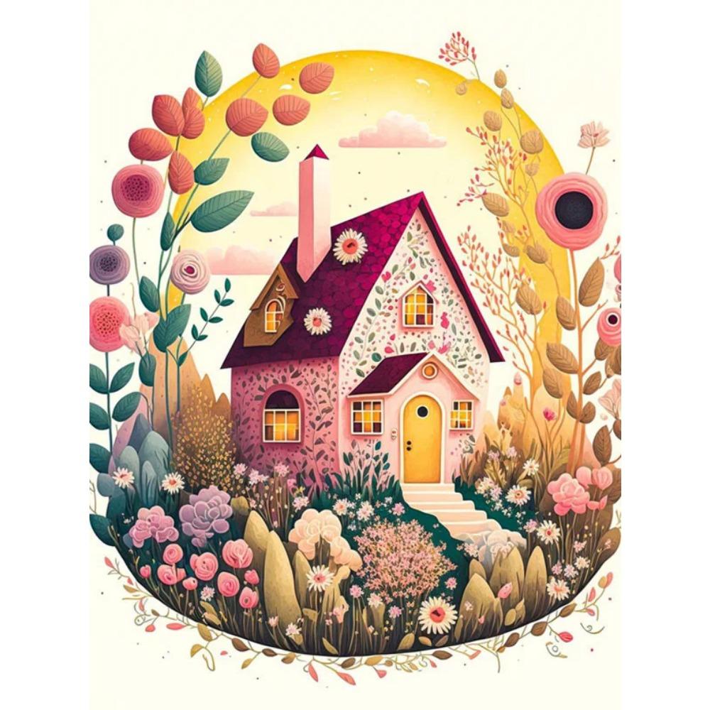 Алмазная картина Full Drill Art Розовый дом Животное Круглая алмазная живопись Ручная работа Звезда Кот Diy Алмазная мозаика Картина Украшение дома